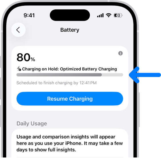 Карточка информации о зарядке в разделе настроек «Аккумулятор» на iPhone. На карточке показано, что аккумулятор заряжен на 80%, и отображается сообщение: «Зарядка приостановлена: оптимизированная зарядка». Завершение зарядки запланировано на 12:41, доступен параметр «Продолжить зарядку».