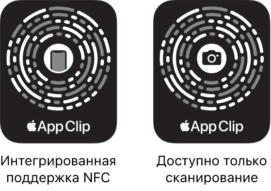 Слева показан код блиц-приложения, встроенный в NFC, со значком iPhone в центре. Слева показан код блиц-приложения, доступный только для сканирования, со значком камеры в центре.