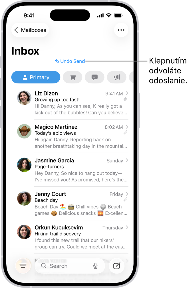 Schránka prijatých správ so zoznamom správ. V strede dolnej časti obrazovky sa nachádza tlačidlo Odvolať odoslanie, ktorým môžete odvolať nedávno odoslanú správu.