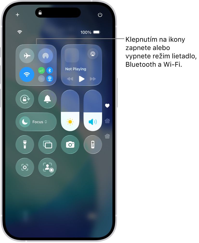 Obrazovka Ovládacieho centra s popisom vysvetľujúcim, ako sa klepnutím na ľavé horné tlačidlo zapína režim lietadlo.