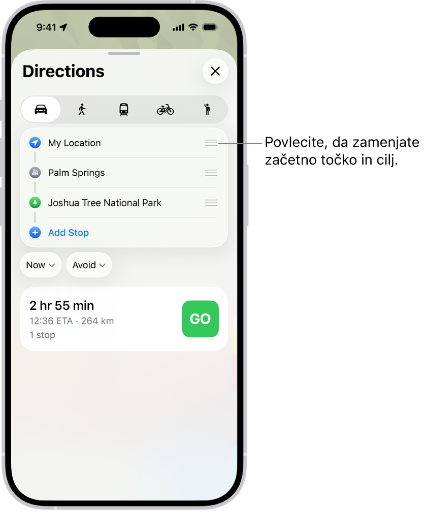 Zemljevid z več možnimi potmi za navodila za vožnjo med Mojo lokacijo in ciljem.