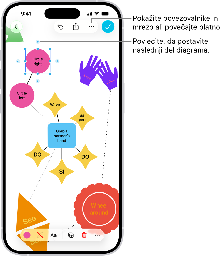 Diagram na tabli Freeform s povezovalniki, prikazanimi na izbrani obliki, in orodji za oblikovanje oblike, vidnimi na dnu zaslona.