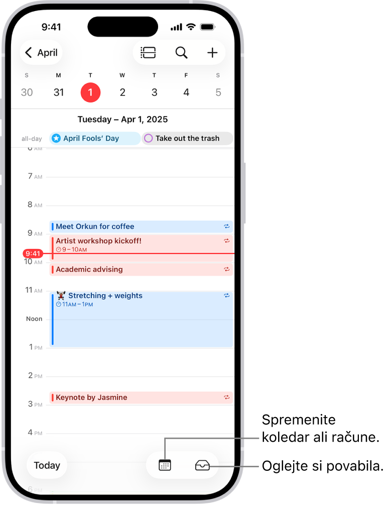 Pogled Dnevni pogled koledarja, ki prikazuje dogodke določenega dne. Gumb Koledarji je spodaj na sredini zaslona, gumb mapa Prejeto pa spodaj desno.