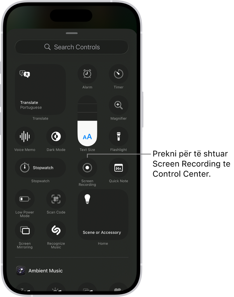 Një ekran që tregon kontrollet që mund t'i shtoni në Control Center. Kontrolli Screen Recording është afër qendrës.