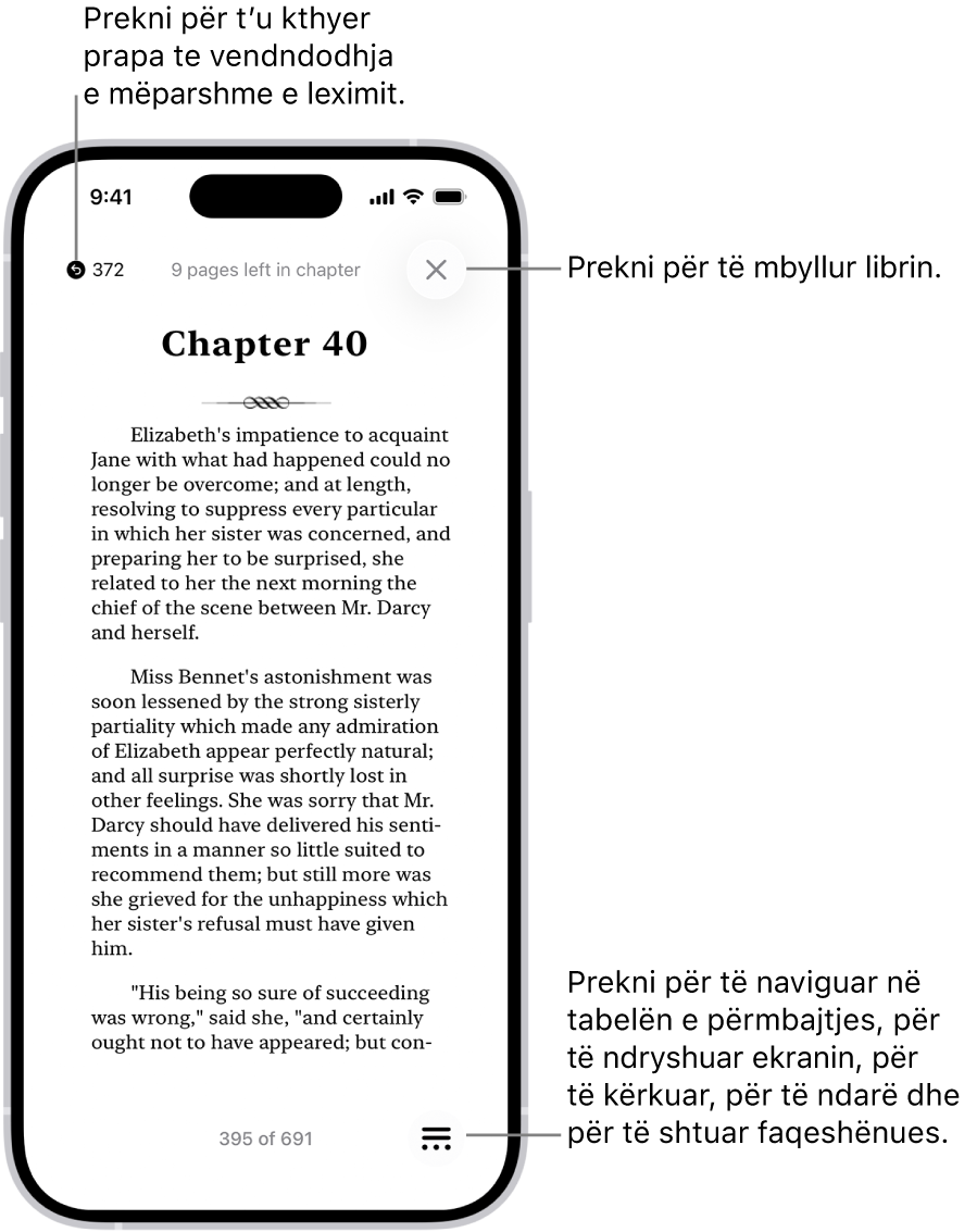 Një faqe e një libri në aplikacionin Books. Në krye të ekranit janë butonat për kthimin në faqen në të cilën keni filluar të lexoni dhe për mbylljen e librit. Në fund të djathtë të ekranit është butoni Menu.