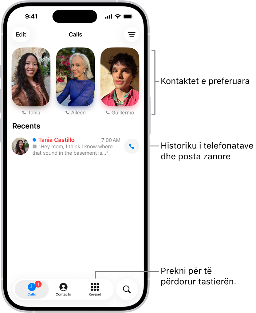 Skeda Calls në aplikacionin Phone në strukturën e unifikuar. Kontaktet e preferuara shfaqen në krye. Nën Favorites është një listë e telefonatave dhe mesazheve zanore të fundit. Butonat për të parë skedat Calls, Contacts dhe Keypad shfaqen në fund. Butoni Search është në këndin e poshtëm djathtas.
