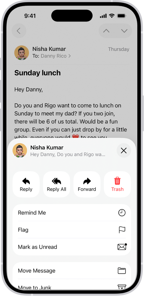 Një email që tregon opsionet e përgjigjes. Në mes të ekranit, nga e majta në të djathtë, janë Reply, Reply All, Forward dhe Trash.