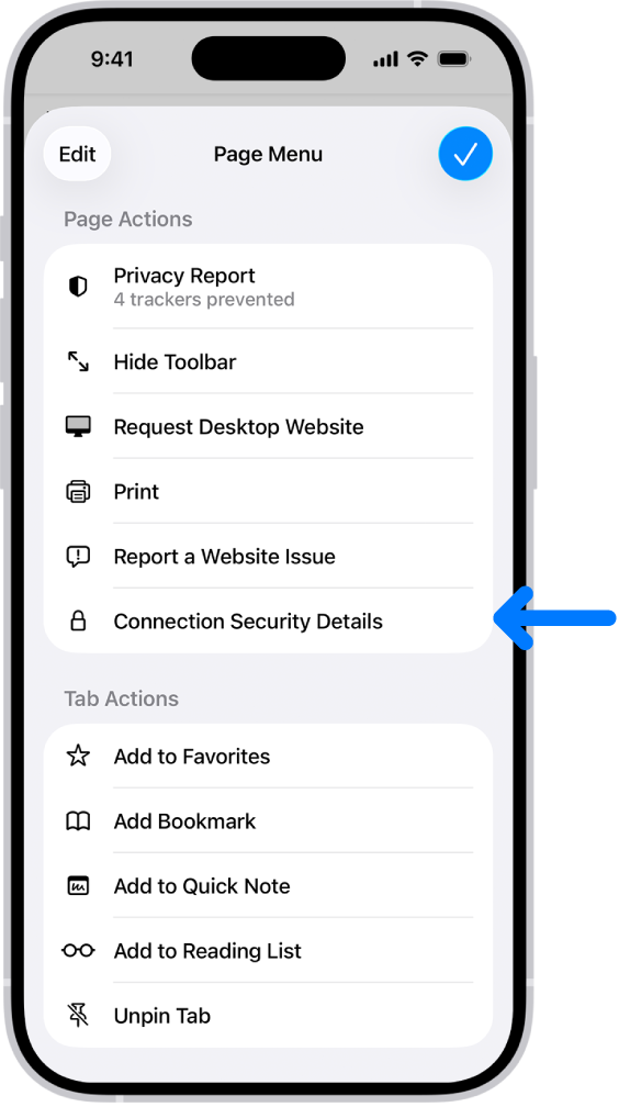 Menyja Page Menu është e hapur në Safari dhe kontrolli Connection Security Details është poshtë në mes të faqes.