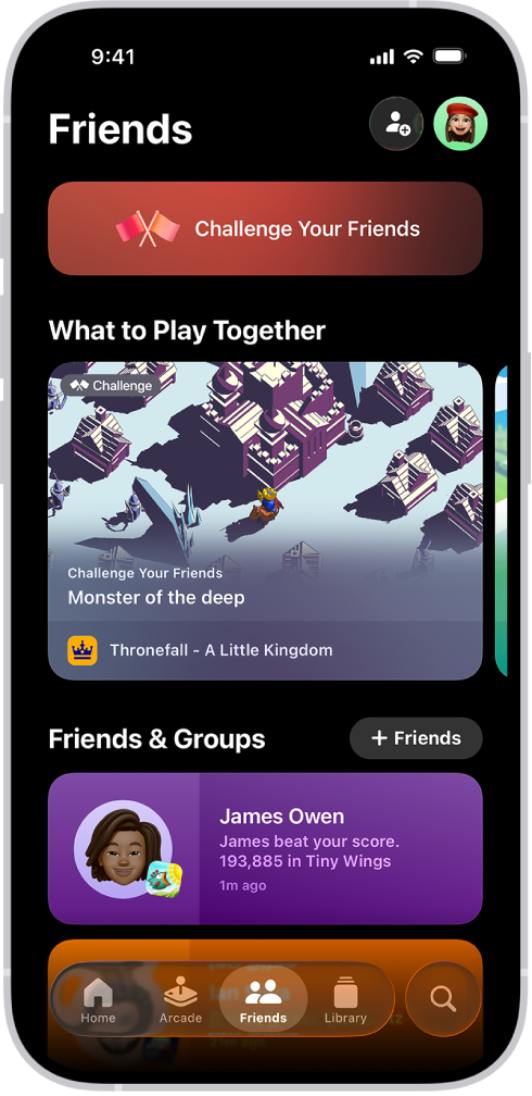 Картица Friends у апликацији Apple Games са опцијама за играње изазова са пријатељима, предлозима за игре које се могу заједно играти и недавну активност пријатеља.