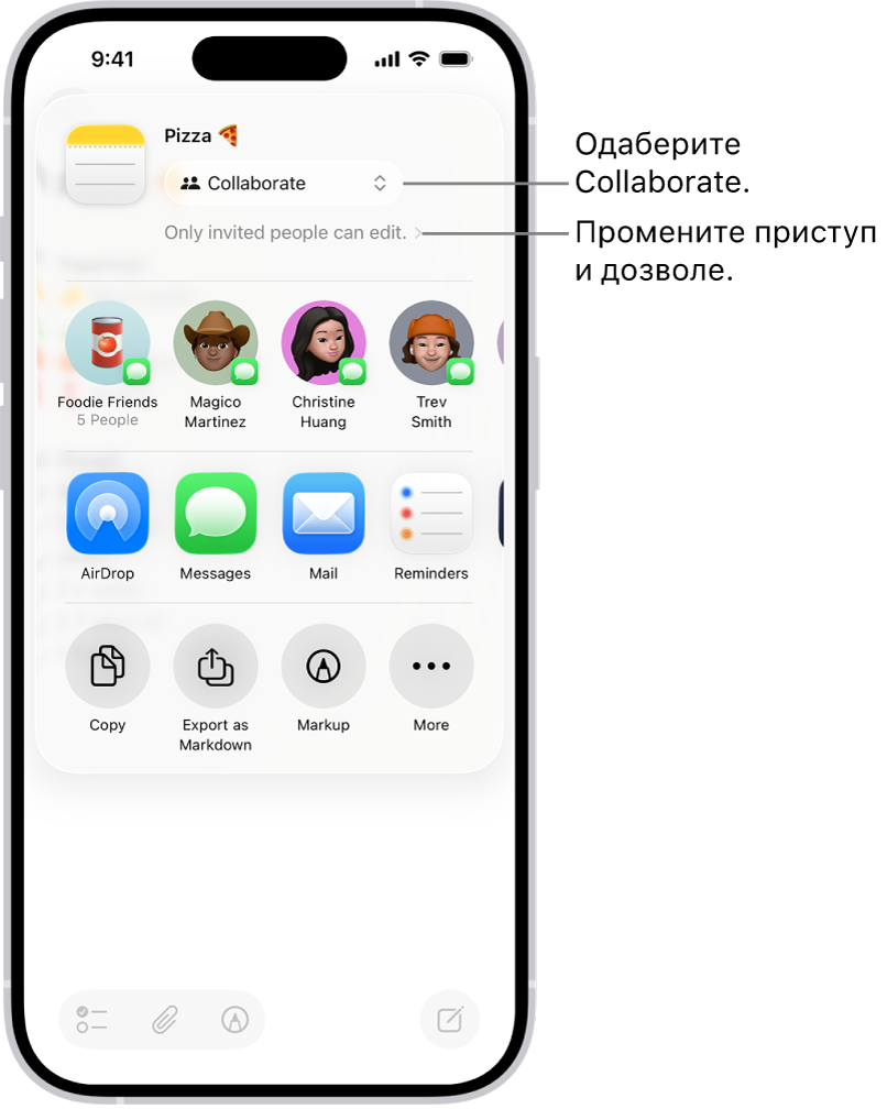 Позив за сарадњу за рад на рецепту у апликацији Notes, где су приказани опција за дељење Collaborate и подешавање приступа и дозволе „Only people you invite can edit“. Четири могућа примаоца, укључујући једну групу, налазе се у реду испод. У реду који следи су понуђени различити начини дељења белешке: AirDrop, Messages, Mail и Reminders.