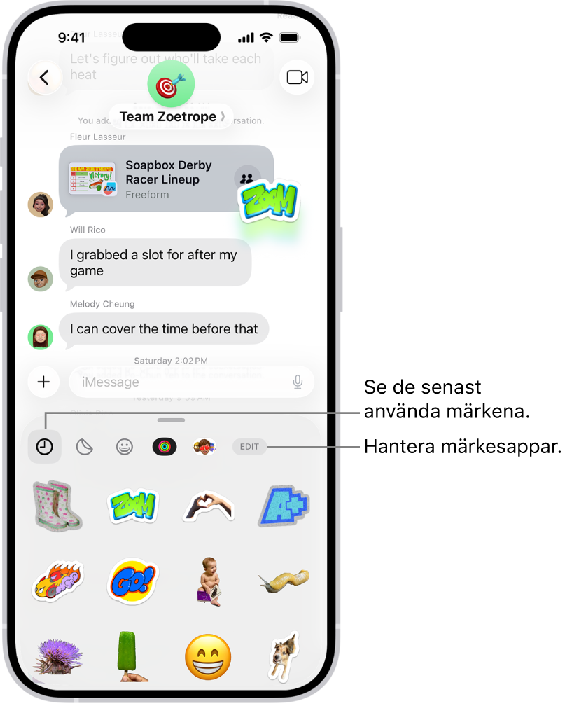 Märken visas under en konversation. Varje knapp längs överkanten på kortet öppnar ett märkespaket.