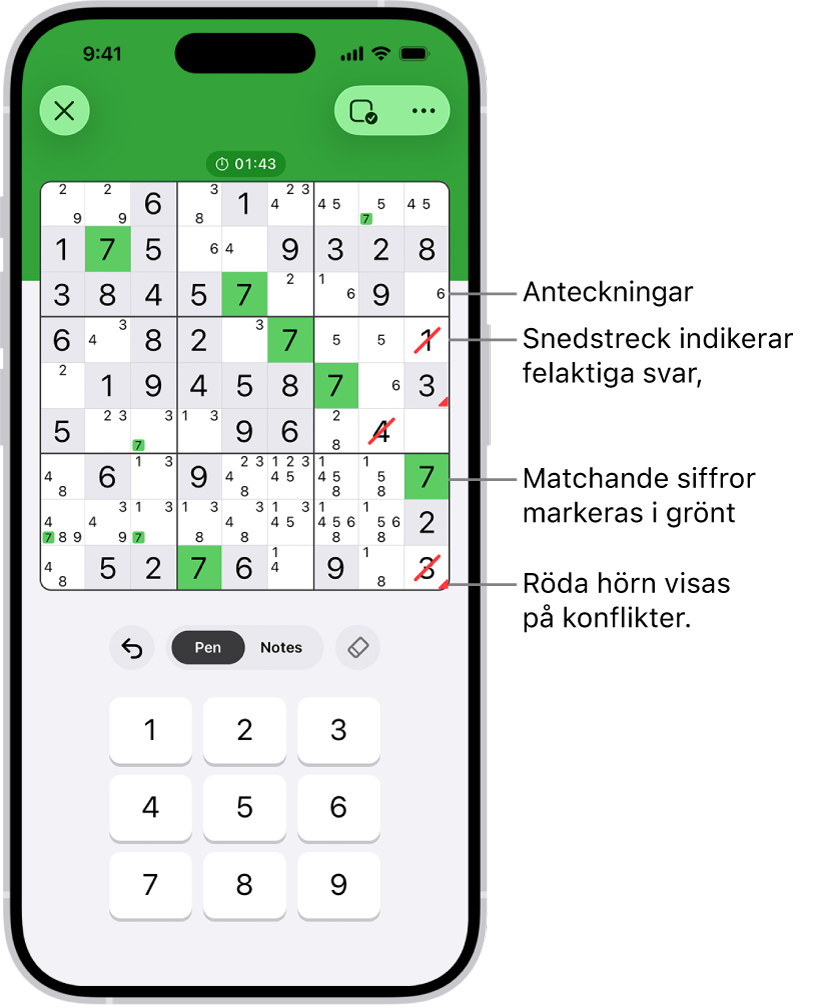 En sudoku med flera påslagna funktioner: Notes, Highlight Matching Numbers, Show Conflicts och Autocheck.