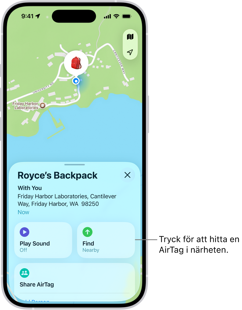 Appen Hitta öppnas och visar Dannys nycklar i Golden Gate Park. Hitta en AirTag i närheten genom att trycka på Hitta-knappen.