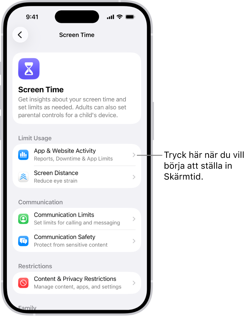 Skärmen för inställning av Skärmtid som visar att du trycker på App- och webbplatsaktivitet för att komma igång.