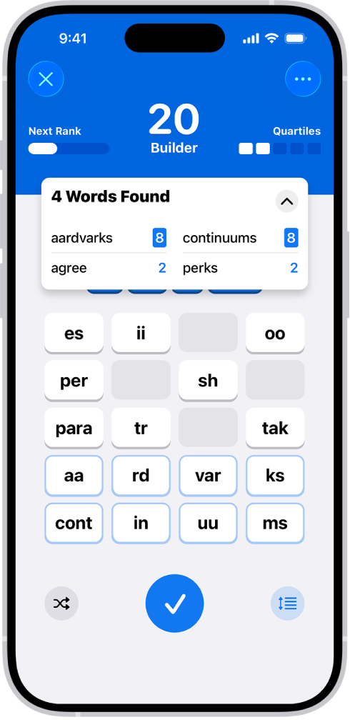 Quartiles-spelet med spelarens poäng, rankning och framsteg mot nästa rankning. En lista visar ord som har hittats från rutorna i Quartiles-rutnätet.