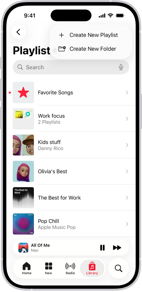 Fliken Bibliotek visar listan med spellistor. Överst finns knappar för att skapa en ny spellista eller skapa en ny mapp.