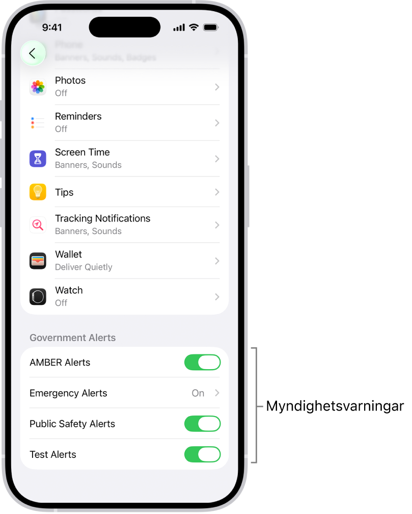 Skärmen Notiser visar Myndighetsvarningar som du kan slå på för att få myndighetsvarningar.