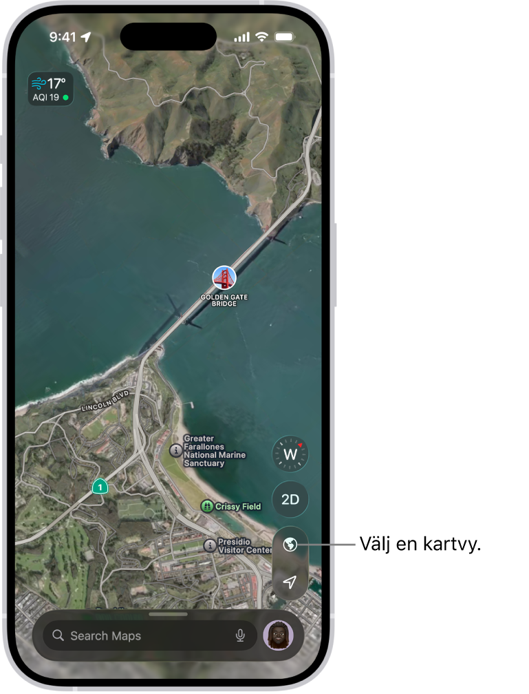 En gatu- och parkkarta i 3D visar träd, landmärken och platser som offentliga toaletter.