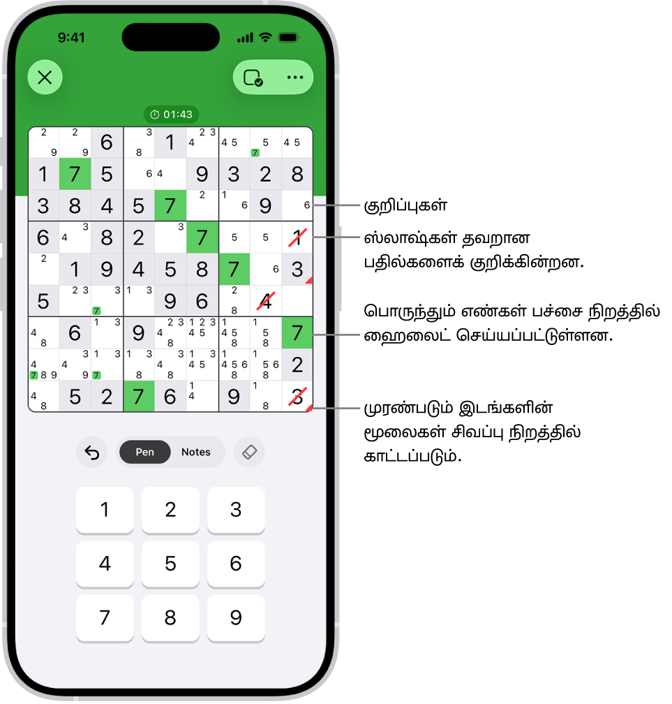 ஒரு சுடோகு புதிரில் பின்வரும் பல்வேறு அம்சங்கள் ஆன் செய்து காட்டப்பட்டுள்ளன: குறிப்புகள், பொருந்தும் எண்களை ஹைலைட் செய், முரண்பாடுகளைக் காட்டு மற்றும் தானாகச் சரிபார்.