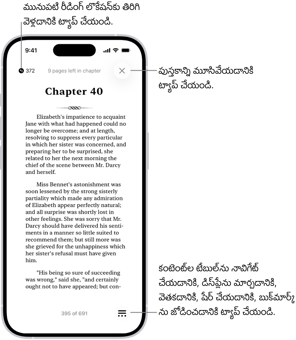పుస్తకాలు యాప్‌లోని పుస్తకం పేజీ. స్క్రీన్ పైభాగంలో ఉన్న బటన్‌లు మీరు చదవడం ప్రారంభించిన పేజీకి మళ్ళీ వెళ్లడానికి, పుస్తకాన్ని మూసివేయడానికి ఉద్దేశించినవి. స్క్రీన్ దిగువకు కుడివైపున మెన్యూ బటన్ ఉంది.