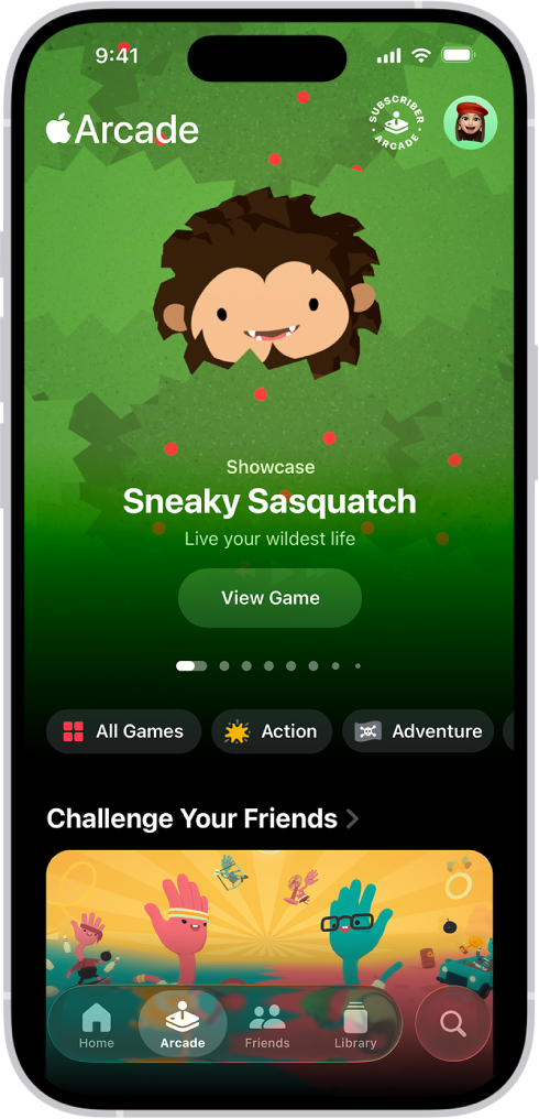 แอป Apple Games ที่แสดงแถบ Arcade ซึ่งมีภาพประกอบโปรโมทเกมที่แนะนำ ที่ด้านล่างสุดของหน้าจอคือแถบสำหรับหน้าแรก, Arcade, เพื่อน, คลัง และค้นหา แถบ Arcade ถูกเลือกอยู่