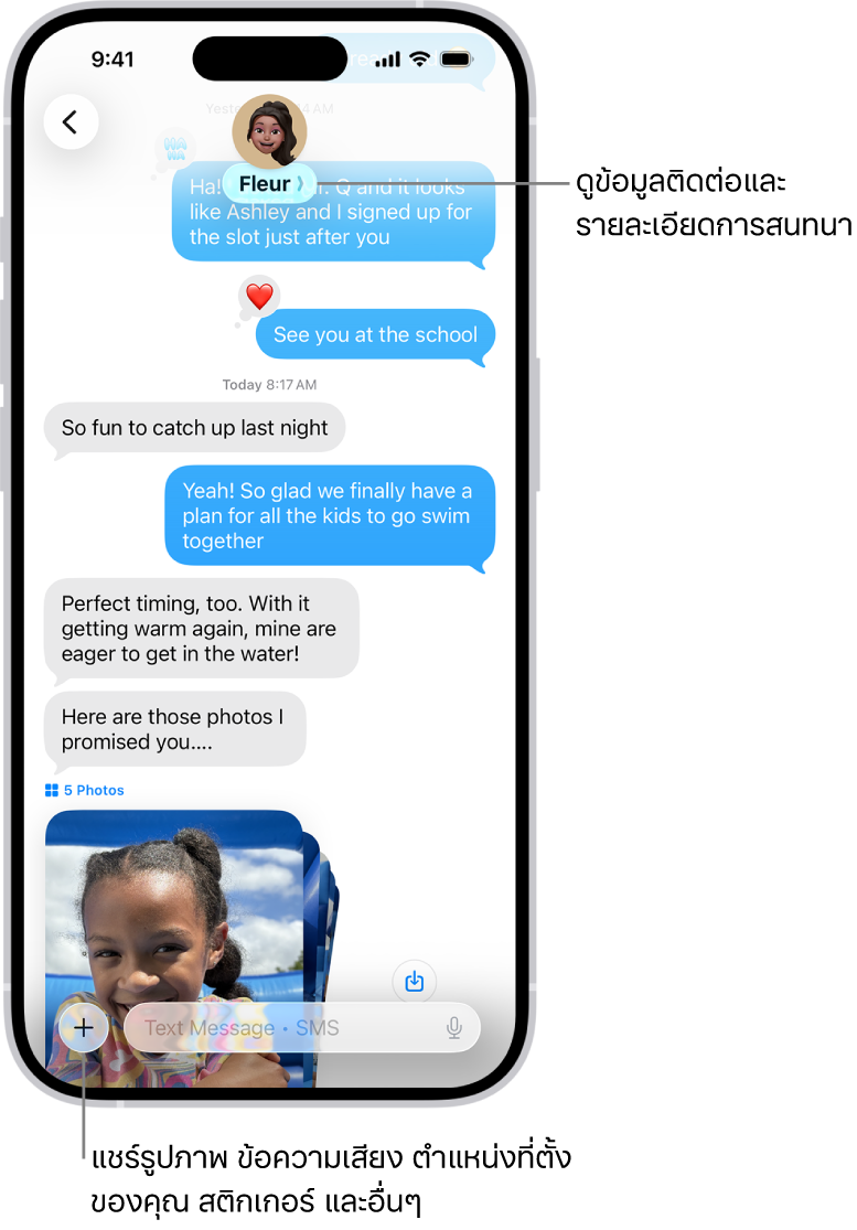 การสนทนาในแอปข้อความ ชื่อของคนที่คุณกำลังส่งข้อความไปหาอยู่ที่ด้านบนสุดของหน้าจอ คุณสามารถแตะชื่อของเขาเพื่อดูรายละเอียดการสนทนาได้ ปุ่มเพิ่มอยู่ที่มุมซ้ายล่างสุด