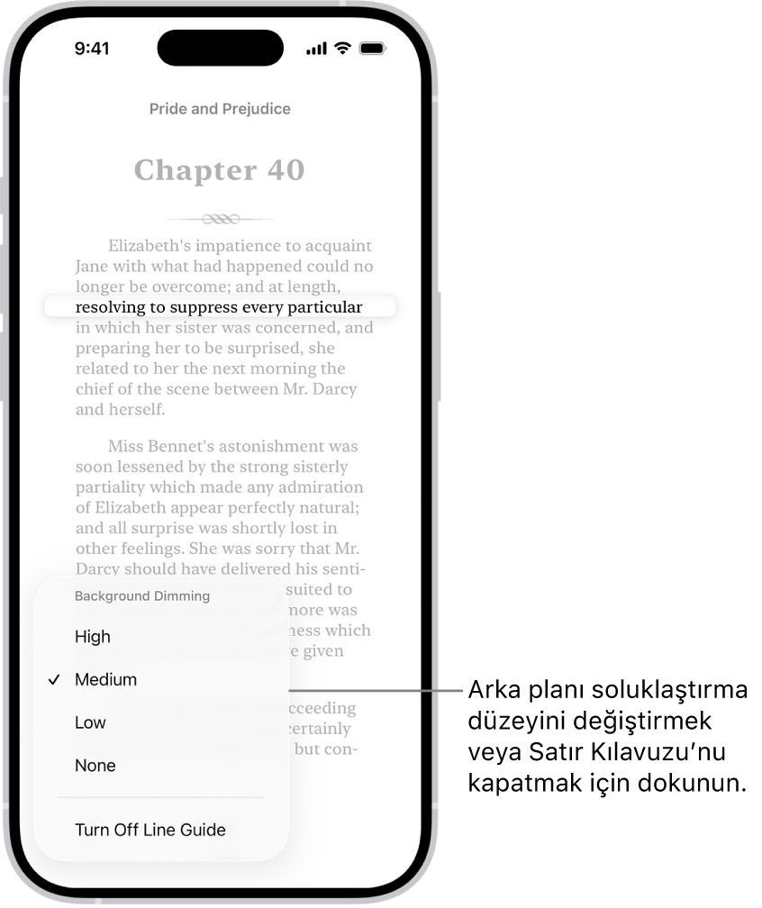 Kitaplar uygulamasındaki bir kitabın sayfası. Metnin tek bir satırı vurgulanmış ve metnin kalanı soluk. Ekranın sol alt köşesinde Satır Kılavuzu Menüsü düğmesi var.