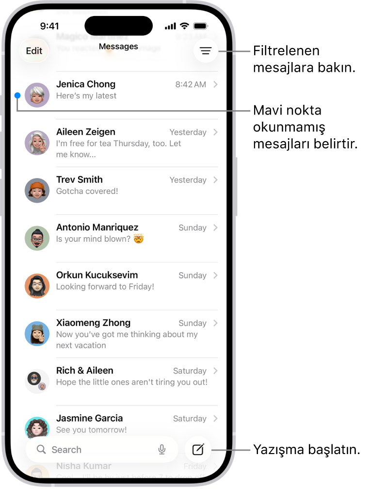 Sağ altta Oluştur düğmesiyle Mesajlar yazışma listesi. Mesajın solundaki bir mavi nokta mesajın okunmadığını belirtir.