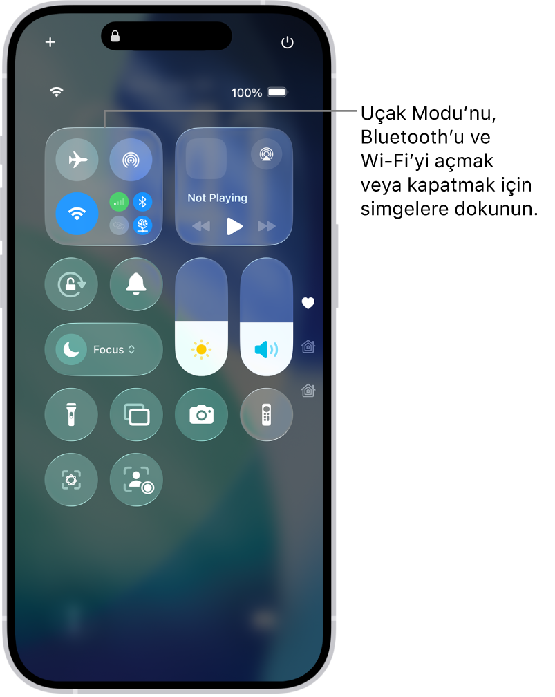 Sol üstteki düğmeye dokunulduğunda Uçak Modu’nun açıldığını gösteren Denetim Merkezi ekranı.