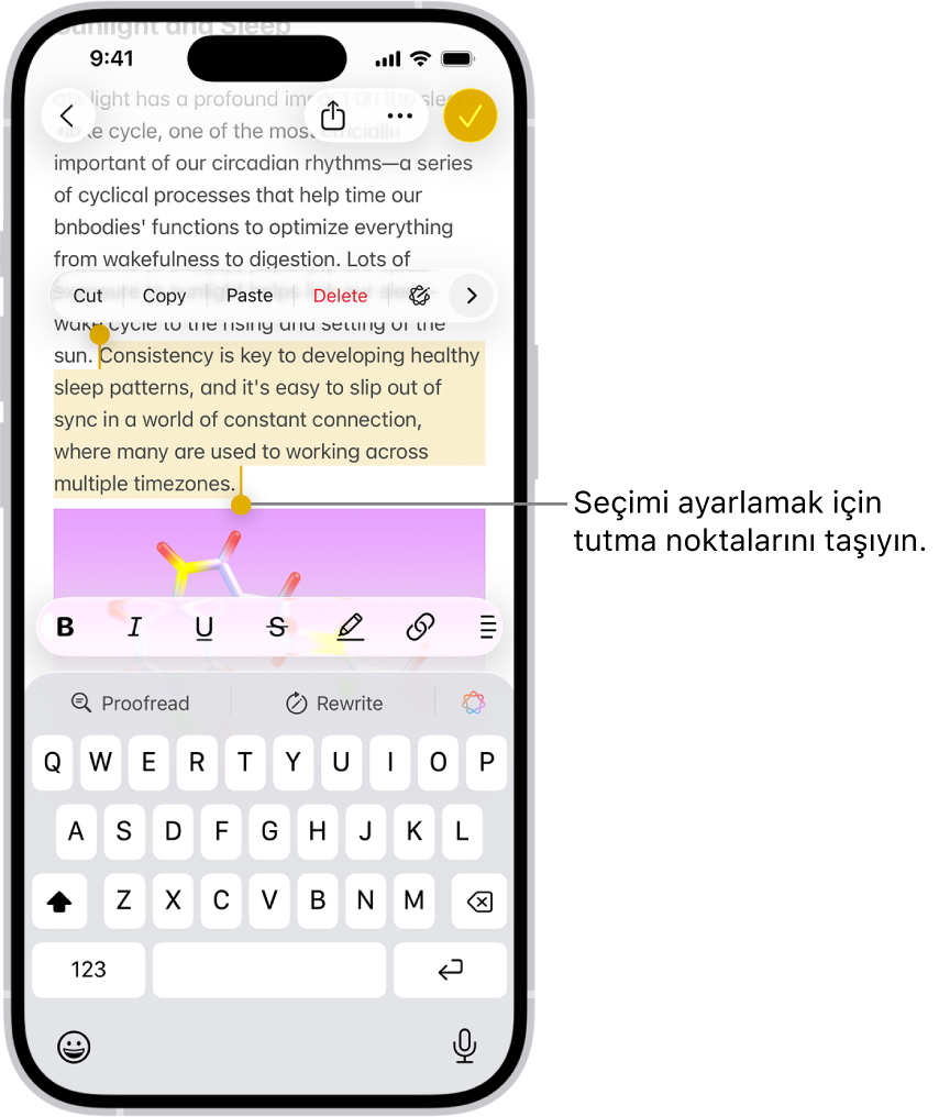 Notlar uygulamasındaki bir notta metin seçilmiş. Seçili metnin üst tarafında Kes, Kopyala, Yapıştır ve Otomatik Doldur düğmeleri bulunuyor. Seçili metin vurgulanıyor; seçimi ayarlamak için her iki uçta tutma noktaları var.