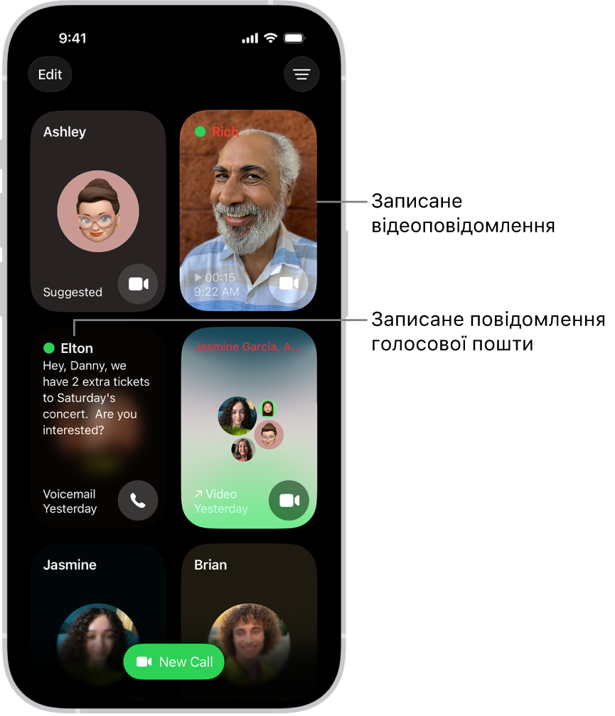Історія викликів FaceTime, у якій показано пропонований контакт, записане відеоповідомлення, голосове повідомлення та груповий відеовиклик у FaceTime.