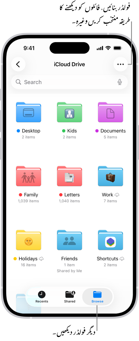 فائل ایپ جس میں آپ کے iCloud Drive میں فائلیں اور فولڈر دکھائے جا رہے ہیں۔ “مزید” مینو میں آئٹم منتخب کرنے، نیا فولڈر بنانے، دستاویزات اسکین کرنے اور سرور سے کنکٹ کرنے کے اختیارات ہیں۔ اس کے نیچے اسکرین پر آئٹم کو بطور آئیکن یا فہرست دیکھنے کے اختیارات ہیں۔ نیچے نام، قسم، تاریخ، سائز اور ٹیگ کے لیے ترتیب کے اختیارات، جس کے بعد ”دیکھیں“کے اختیارات۔