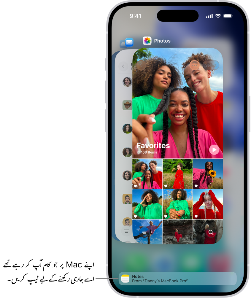 ‏iPhone پر ایپ سوئچر جس میں اسکرین کے نچلے حصے میں Handoff اطلاع دکھائی جا رہی ہے۔