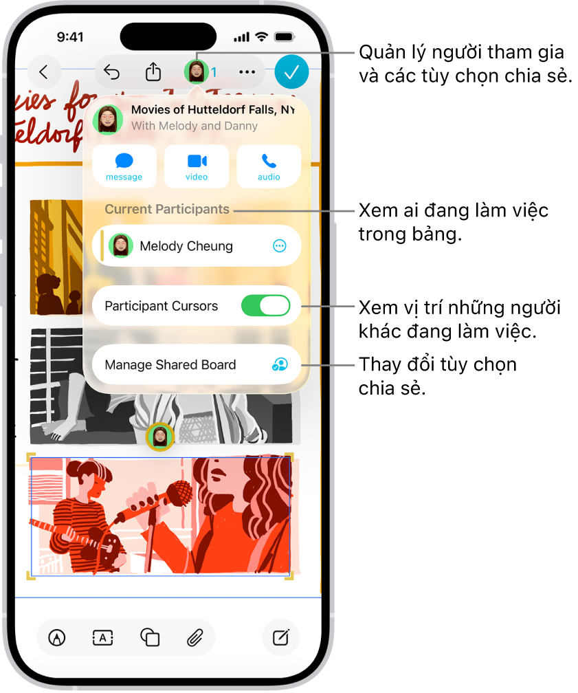Một bảng Freeform được chia sẻ trên iPhone với menu cộng tác được mở.