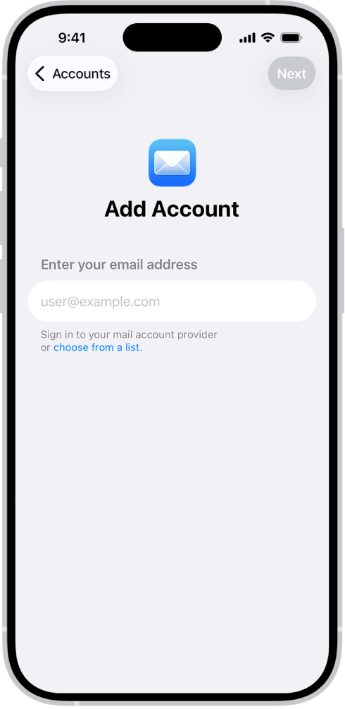 Màn hình Thêm tài khoản với một trường để nhập địa chỉ email của bạn.