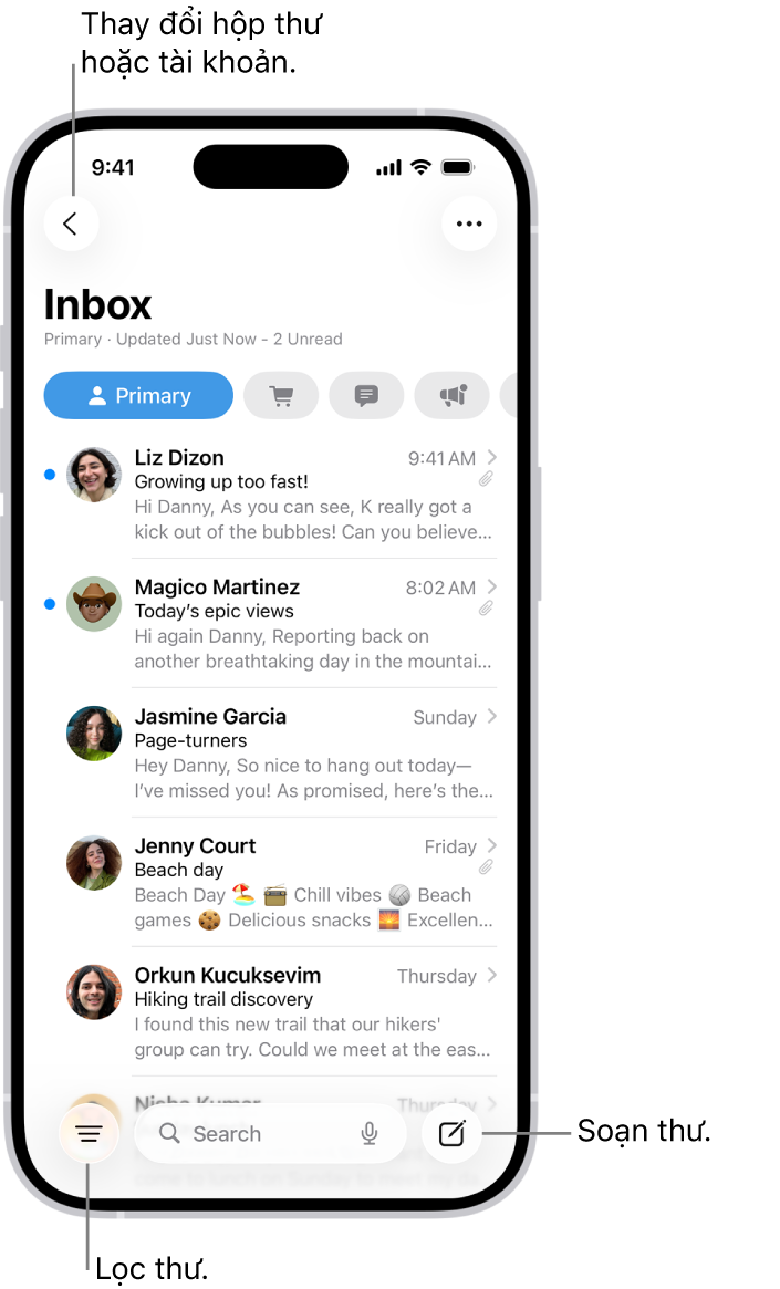 Hộp thư đến của Mail, đang hiển thị một danh sách các email.