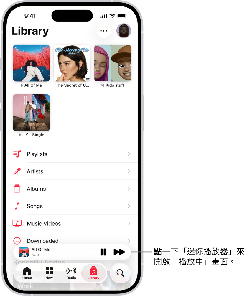 「資料庫」畫面底部附近顯示迷你播放器。迷你播放器會顯示目前正在播放的歌曲之歌名。「暫停」和「下一首」按鈕位於歌名的右邊。點一下迷你播放器來開啟「播放中」畫面。