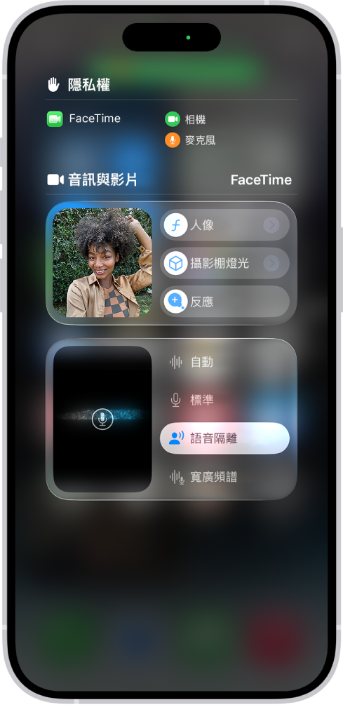 「控制中心」,顯示語音和視訊效果選項。