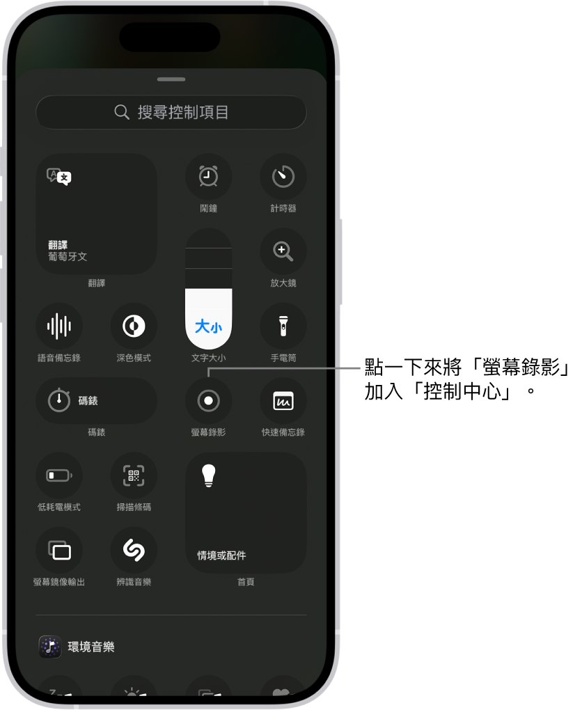 螢幕顯示可加入「控制中心」的控制項目。「螢幕錄影」控制項位於中央附近。