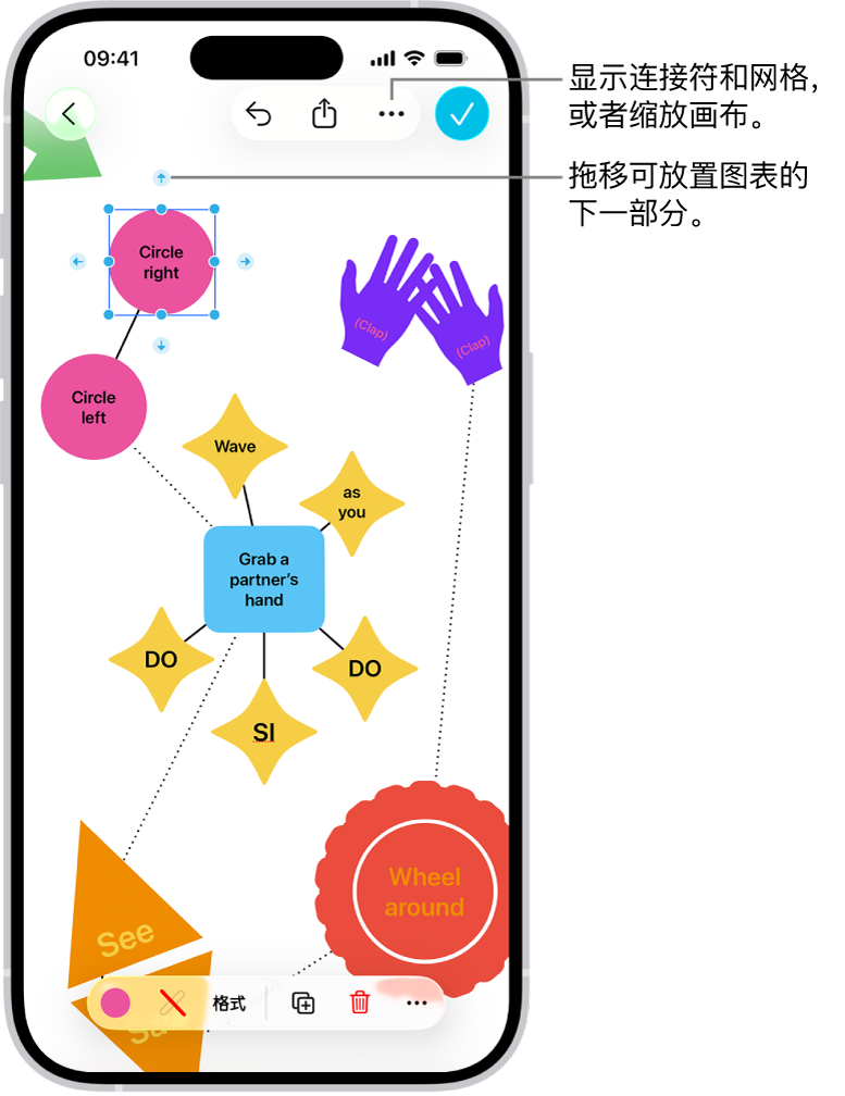 “无边记”看板上的图示,连接符显示在所选形状上,屏幕底部是形状格式化工具。