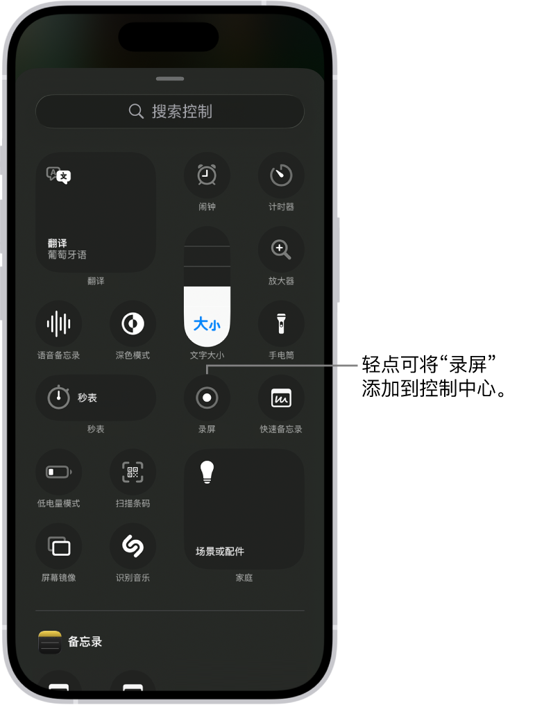 屏幕显示可添加至控制中心的控制。“录屏”控制位于中央附近。