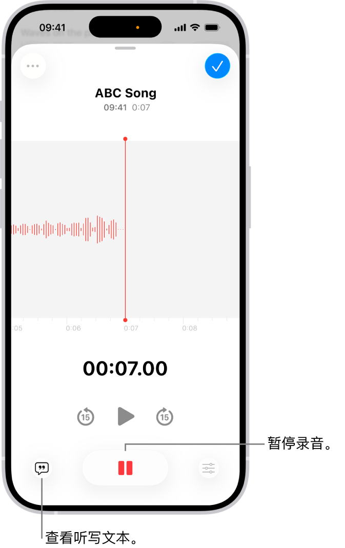 “语音备忘录”录音，显示正在进行的录音的波形，以及时间指示器和用于暂停录音的按钮。