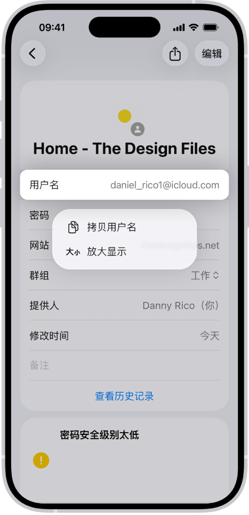 账户屏幕显示高亮标记的用户名,以及“拷贝用户名”和“放大显示”选项。