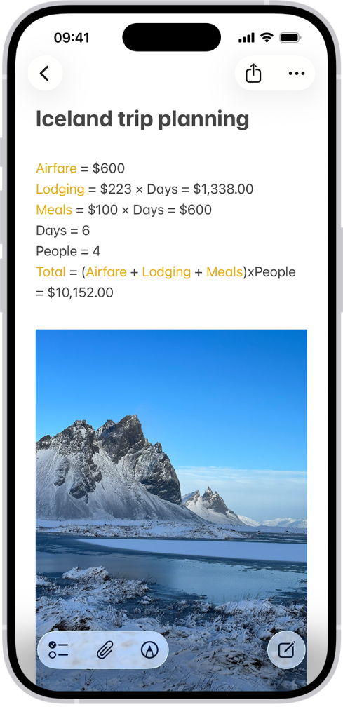 用于计划旅程的备忘录，显示出行费用计算和一张照片。
