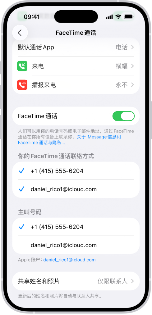 FaceTime 通话设置屏幕，显示打开或关闭 FaceTime 通话的开关，以及包含 FaceTime 通话所用 Apple 账户的栏位。