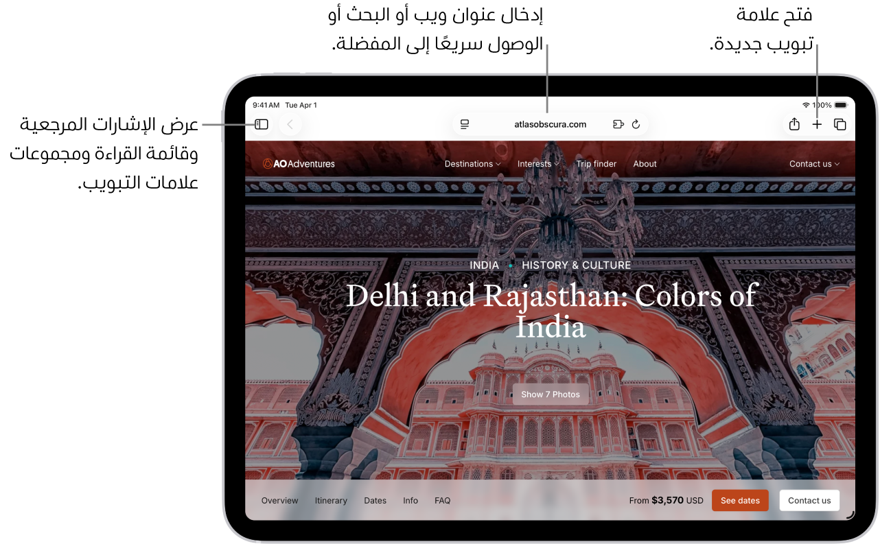 صفحة ويب مفتوحة. على امتداد الجزء العلوي، من اليمين إلى اليسار، يوجد زر الشريط الجانبي، وزر السابق وحقل البحث، وزر مشاركة، وزر علامة تبويب جديدة، وزر عرض عام لعلامات التبويب.