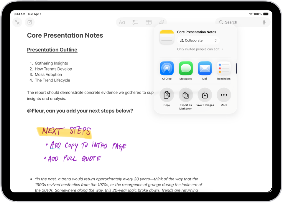 Una pantalla en què es veuen notes fotogràfiques. A la dreta, una superposició mostra les opcions per compatir com el Mail i l’app Missatges.