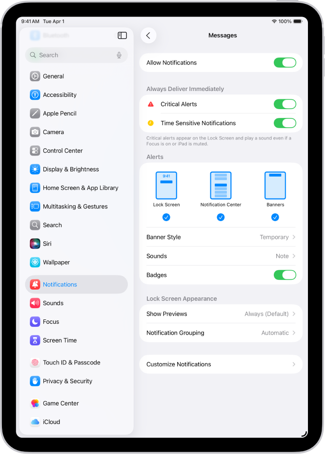 La configuració de les notificacions de l’app Missatges a l’app Configuració.