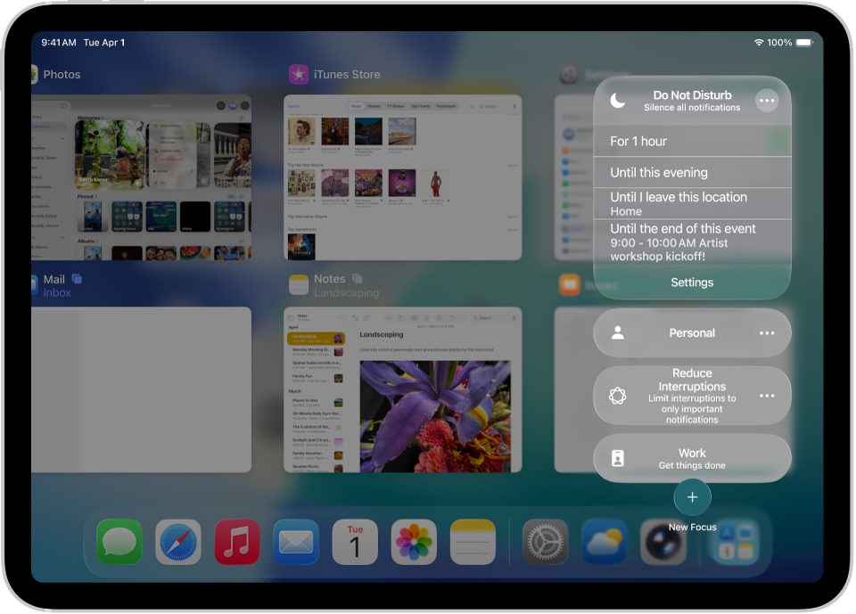 El centre de control amb opcions per l’estona que deixes activat el mode de no molestar. Les opcions són: “Durant 1 hora”, “Fins al vespre”, “Fins que me’n vagi d’aquí” i “Fins que s’acabi l’esdeveniment”.