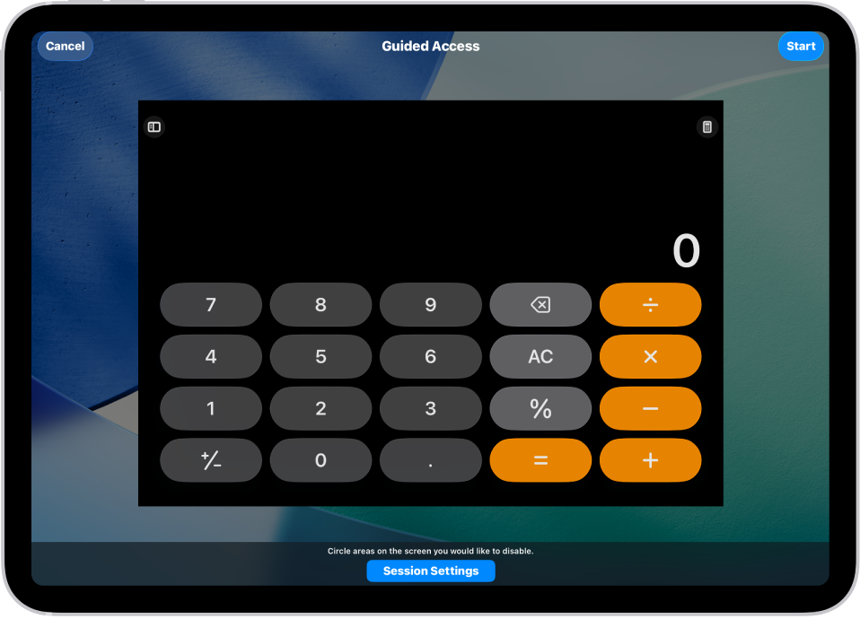 Una pantalla d’iPad en què es mostra com es configura l’accés guiat. L’iPad es bloqueja temporalment amb només l’app Calculadora i s’ha desactivat un dels botons de l’app.